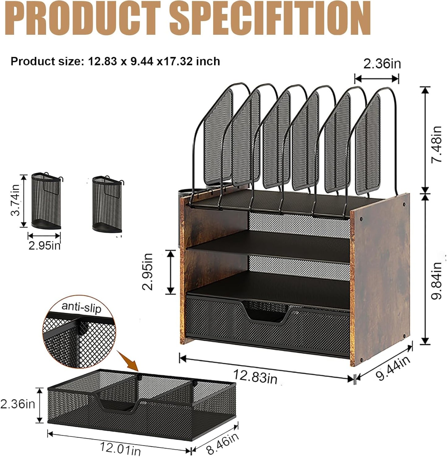 Wood Desk Organizer - 3-Tier Desktop File Organizer with Drawer, Wooden Paper Tray, Office Desk Organzier and Accessories for Papers, Mail, Notebooks, Stationery
