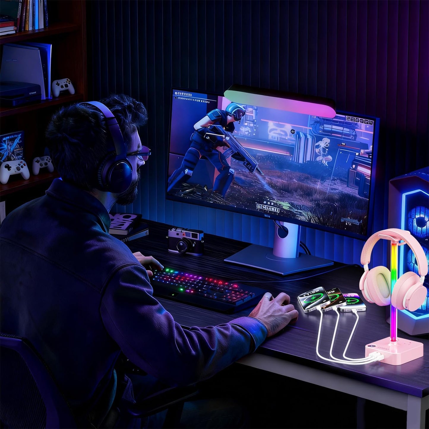 COZOO Headphone Stand with USB Charger Desktop Gaming Headset Holder Hanger with 3 USB Charging Station and 2 Outlets Power Strip,Suitable for Gaming, DJ,Wireless Earphone Display, Gamer Gifts for Men