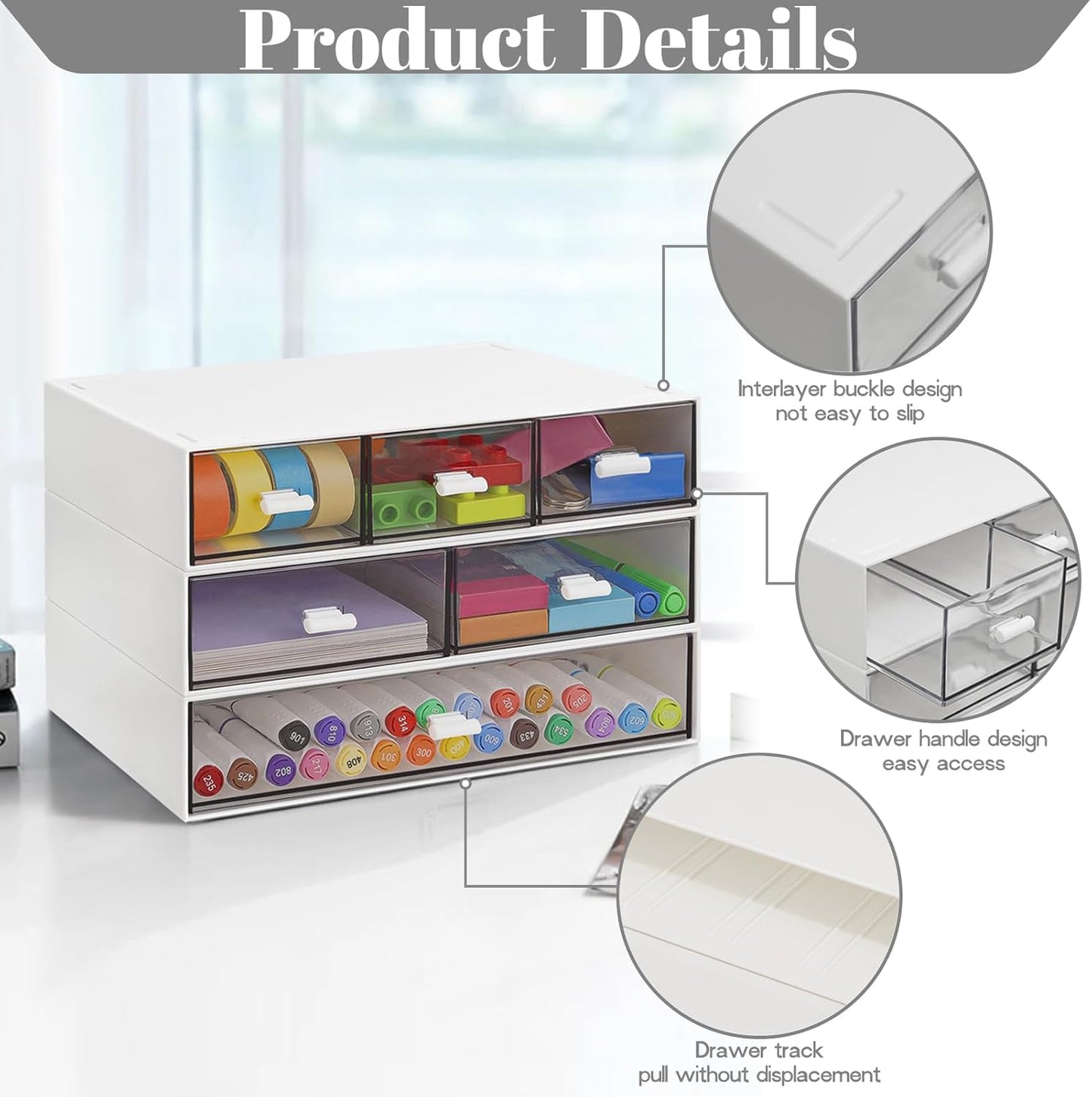 3 Tier Stackable Desk Organizer with 6 Drawers, YOCOMEY Plastic Desktop Storage Box Drawers, Detachable Makeup Storage Office Stationery Supplies Organizer for Office School(Clear)