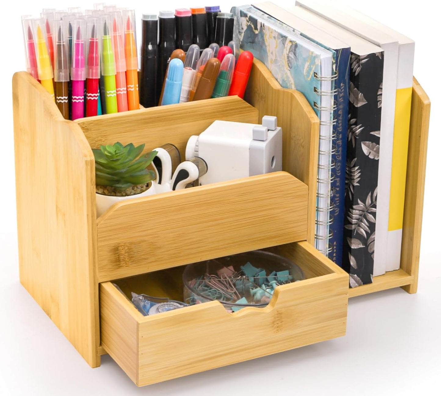 ZAVOOS Bamboo Desk Organizer, Multi Use Tabletop Storage Office Supplies with Drawer Pen Holder, 5 Compartments Heavy Duty Desk Accessories for Home Office Organization, No Assembly Required