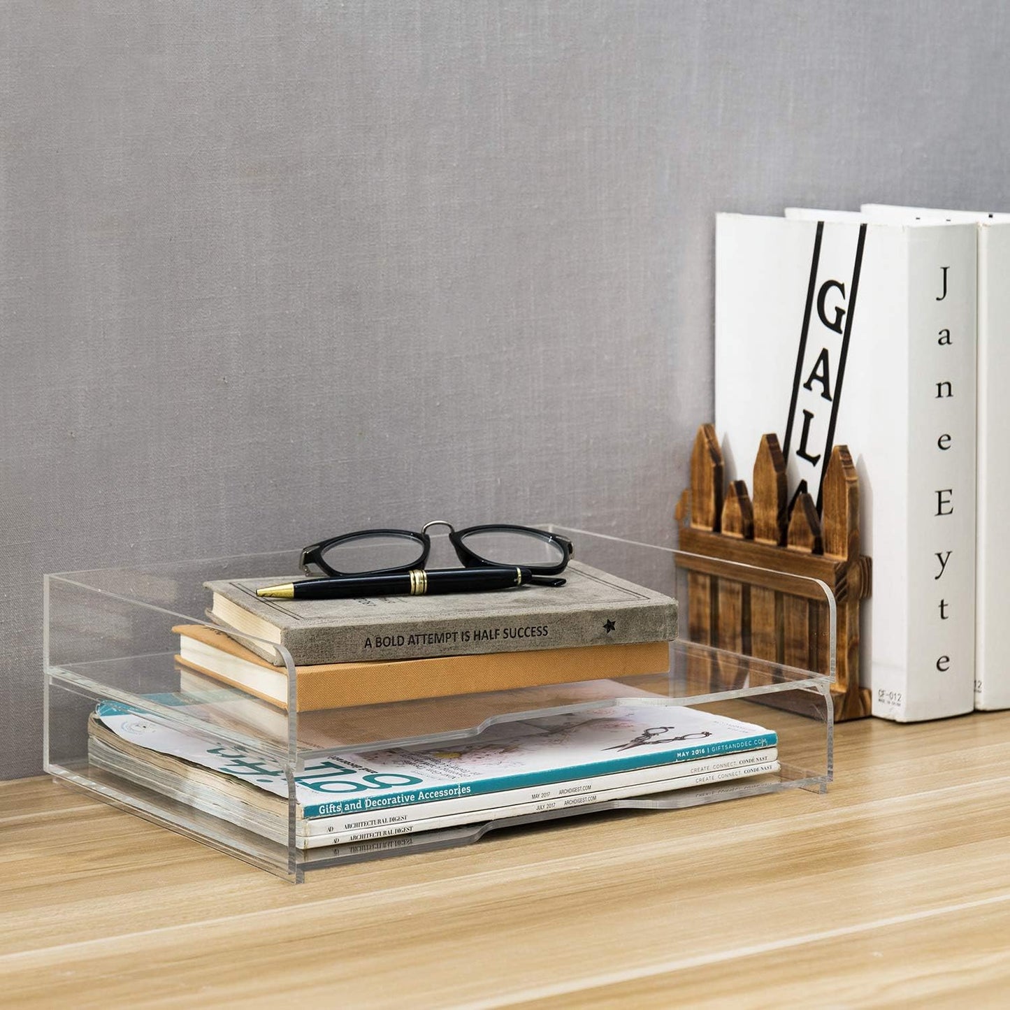 MyGift Premium Clear Acrylic Stackable Office Desk Paper Tray Document Letter Sorter, Desktop File Folder Mail Stationery Storage Organizer Stacking Rack, Set of 2