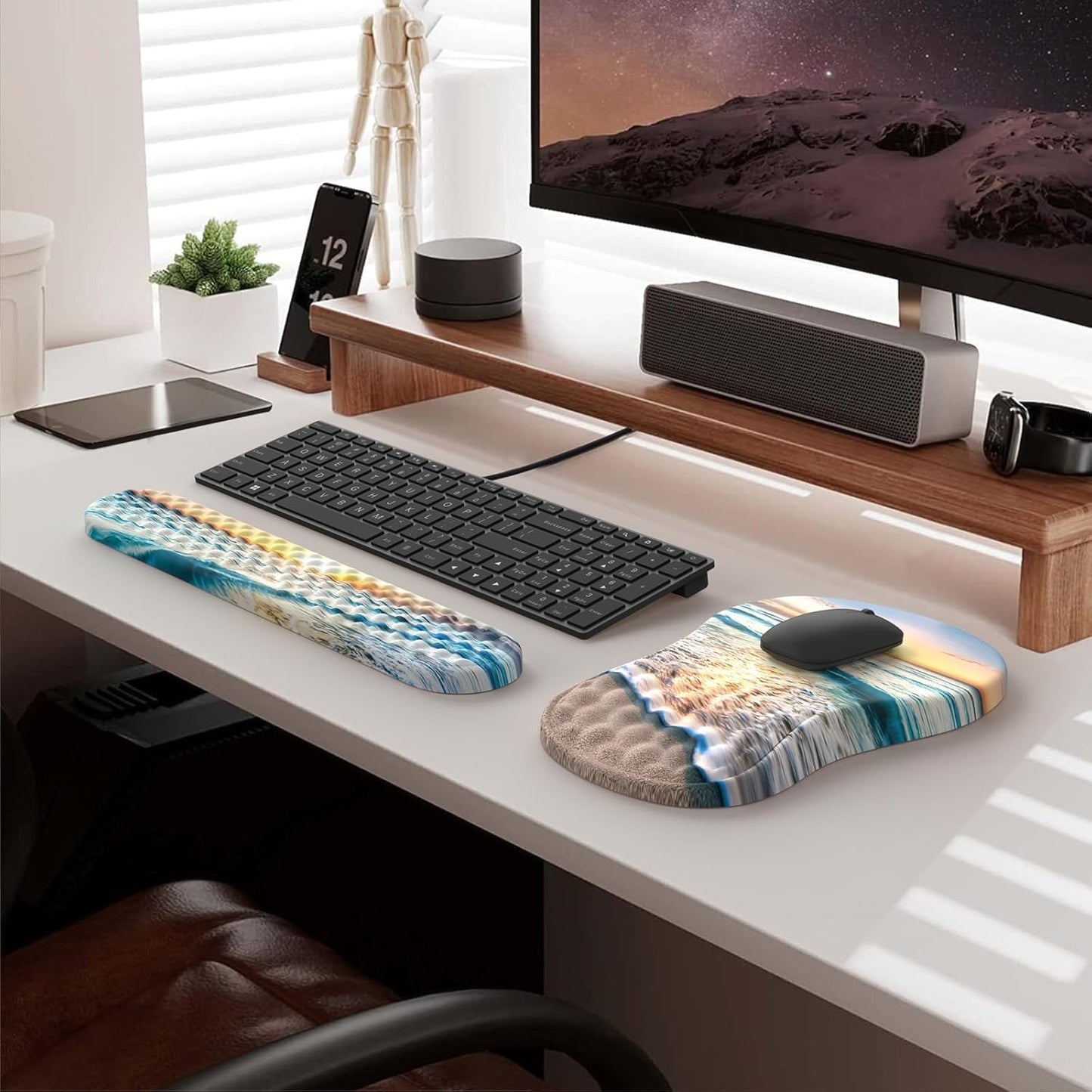 HAOCOO Keyboard Wrist Rest, Ergonomic Mouse Pad with Wrist Rest, 3 in 1 Keyboard and Mouse pad with Coaster Set, Memory Foam Wrist Support, Non-Slip PU Base for Home Office, Rose Gold Pink