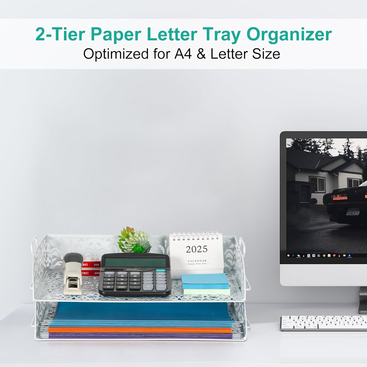 EasyPAG Paper Organizer for Desk 2 Tier Stackable Paper Tray for A4 Legal Size Folders Metal File Storage Desktop Organizer for Home Office School Teacher, Black