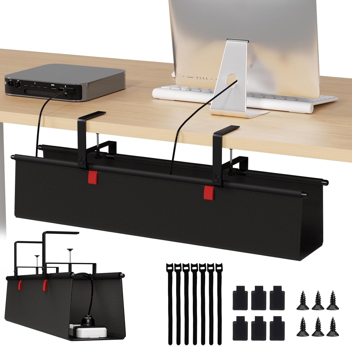 Under Desk Cable Management Tray - 36" Cord Organizer for Desk No Drill, Fabric Under Table Wire Organizer with 16X Cable Ties Hide for Office/Home, Cord Hider Fits Adapters & Sockets, White