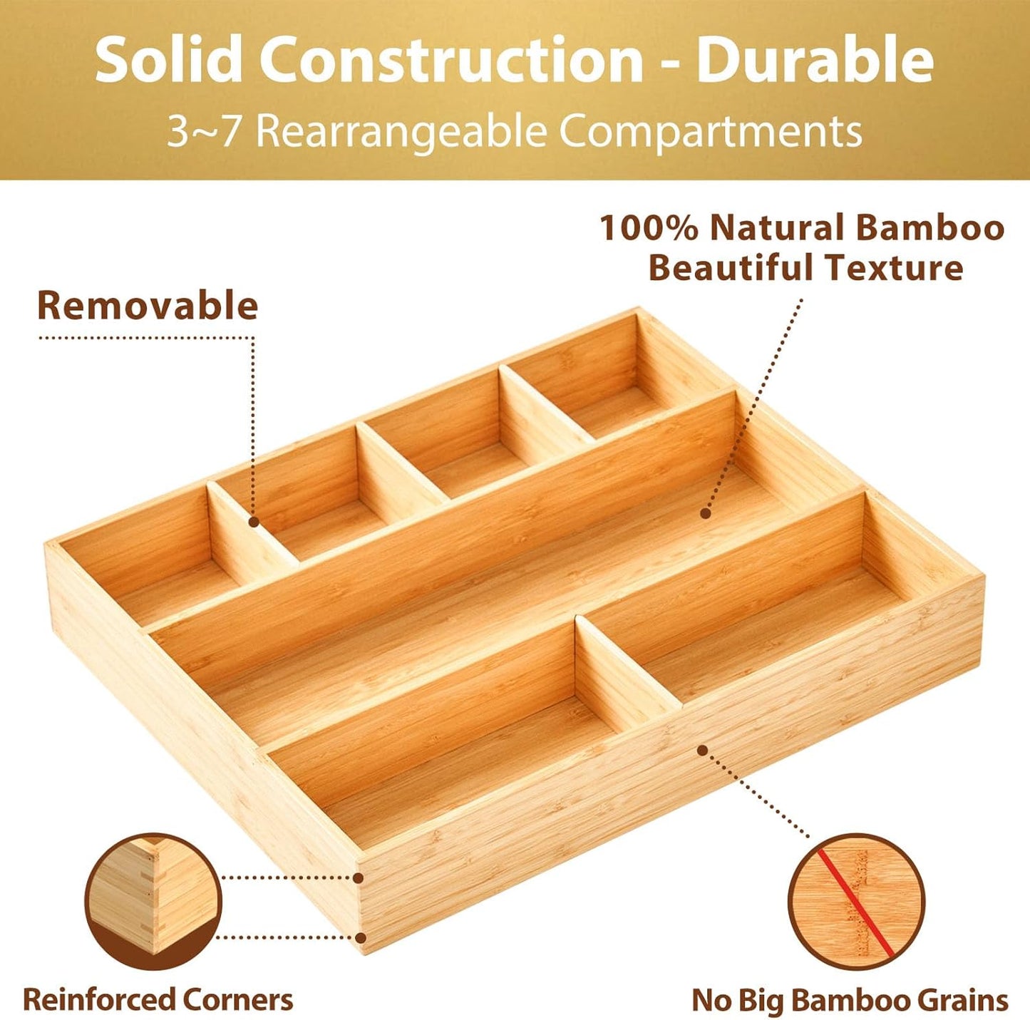 Umilife Bamboo Desk Drawer Organizer, Wood Junk Organizer Tray with Adjustable Dividers, Anti-Skip Storage Organization in Office Bathroom Drawer for Vanity, Makeup, 12" x 9"