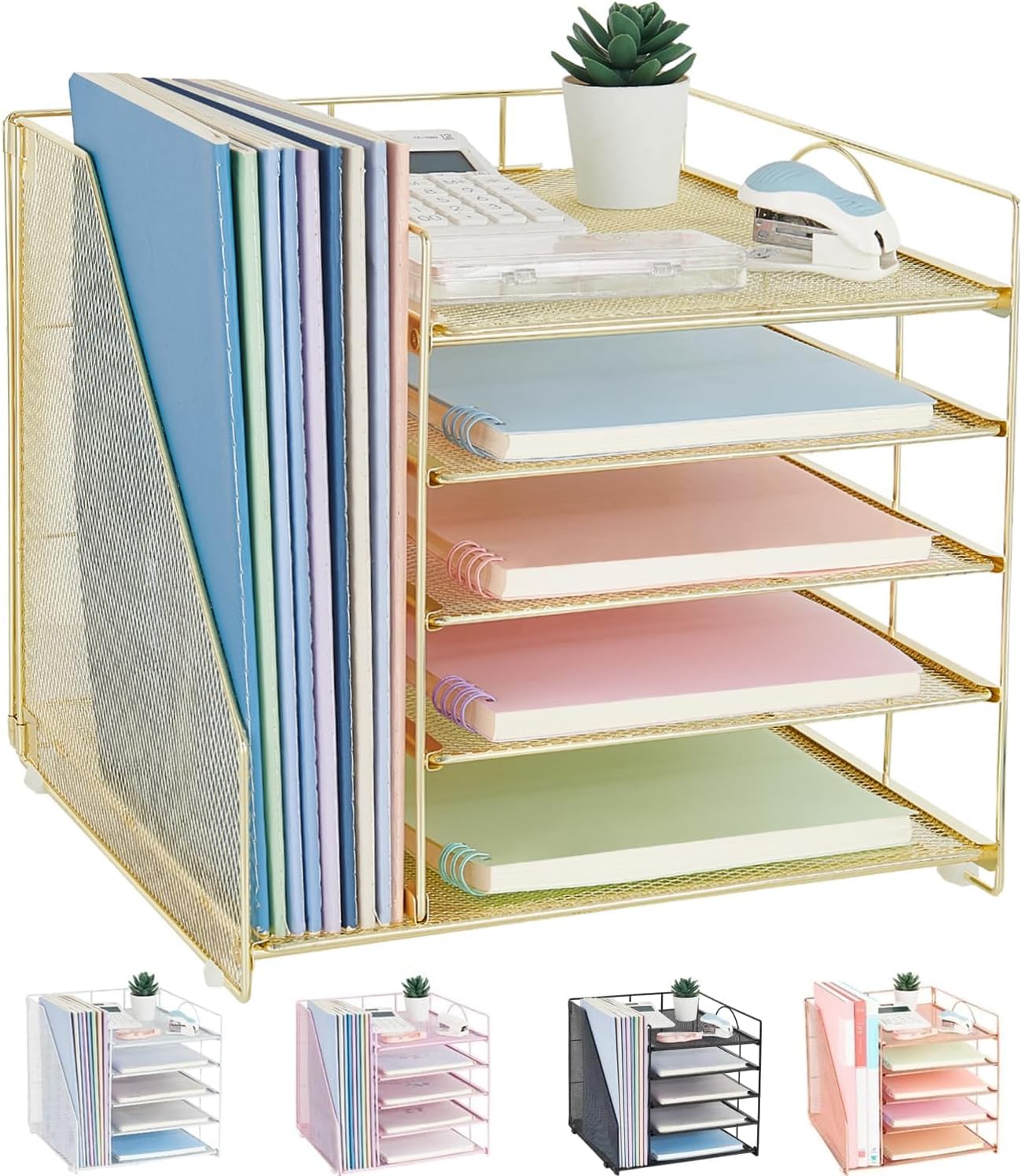 LEKETREE Desk Organizers and Accessories, 5-Tier Paper Letter Tray Organizer with File Holder, Desktop Organizer for Office Supplies (Black)