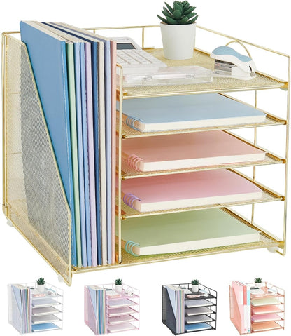 LEKETREE Desk Organizers and Accessories, 5-Tier Paper Letter Tray Organizer with File Holder, Desktop Organizer for Office Supplies (Black)