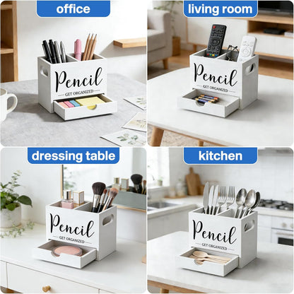 Pen Holder for Desk, Wood Pencil Organizer with Drawer, Marker Holder with 2 Compartments, Pencil Cup for Home, Office, Classroom, Teacher Supplies (White)