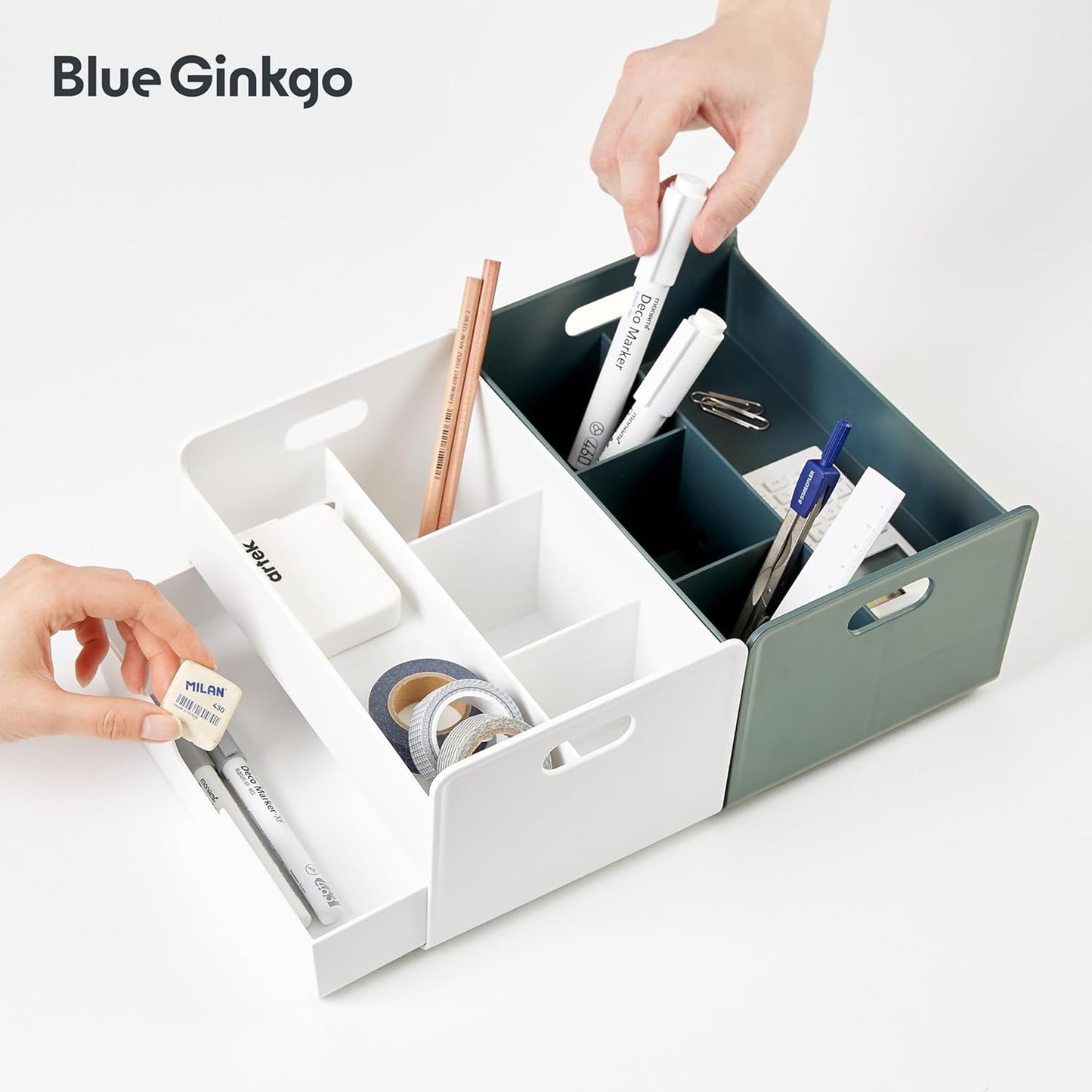 BLUE GINKGO Compact Desk Organizer – Small 5-Compartment, Half Drawer Storage – Pen Holder, Stationery Organizer for Desktop, Vanity, Shelf (Made in Korea, Green)