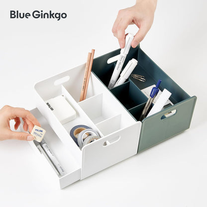 BLUE GINKGO Compact Desk Organizer – Small 5-Compartment, Half Drawer Storage – Pen Holder, Stationery Organizer for Desktop, Vanity, Shelf (Made in Korea, Green)
