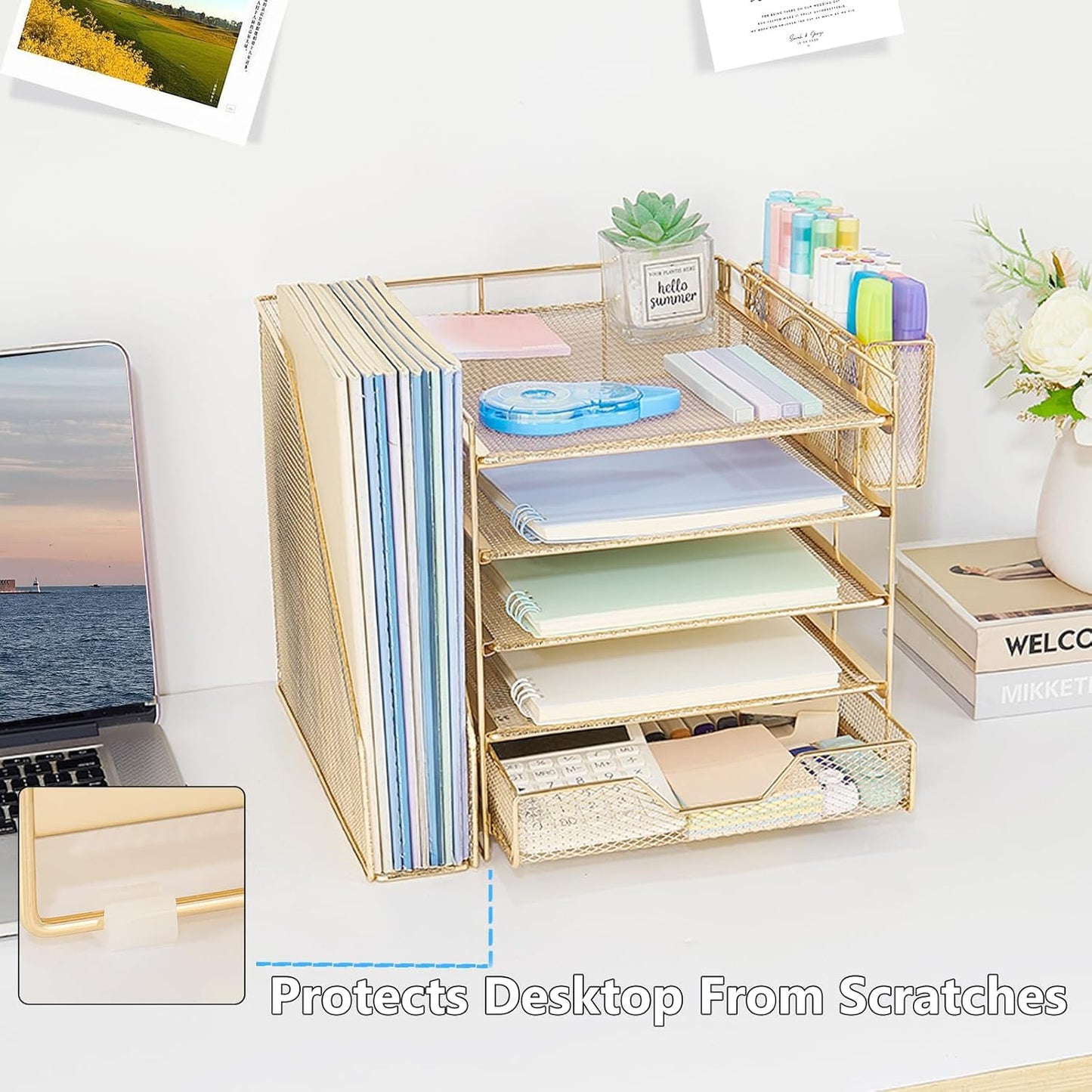 Desk Organizer, 5-Tier Paper Letter Tray Organizer with File Holder, Drawer and Pen Holder, Desktop Organizer for Office Supplies, Black
