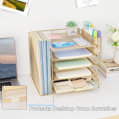 Desk Organizer, 5-Tier Paper Letter Tray Organizer with File Holder, Drawer and Pen Holder, Desktop Organizer for Office Supplies, Black