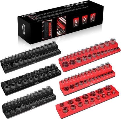 GOOACC 1/4" Magnetic Socket Organizer, 2 Pieces Socket Holder Metric SAE Socket Tray, 1/4 inch Socket Organizer Tray Holds 52 Standard Sockets for Tool Box Drawer