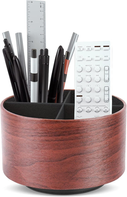 Hennaja Round Leather Art Supply Organizer,Remote Control Holder,360 Degree Rotating,Multi-Functional Pencil Holder,4 Compartments Desktop Stationary Organizer(1-Blue Bird) - Colors B