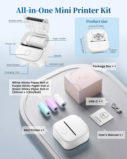 Memoking Sticker Maker - T02 Mini Sticker Printer Wireless Inkless Label Maker Portable Thermal Printer for Student Birthday Gift, Impresora Portátil for Note, DIY, Compatible with iOS & Android, Pink