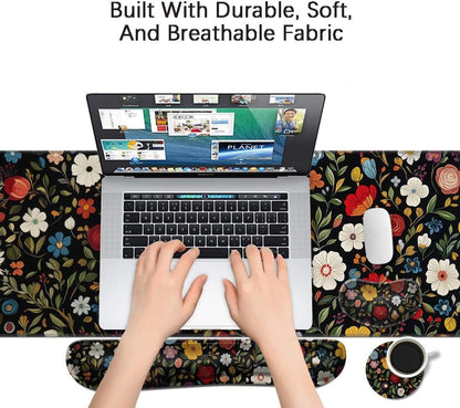 MIBITRI Keyboard Mouse Pad Set, Extended Gaming Mouse Pad+Ergonomics Keyboard Wrist Rest Support, Memory Foam, Easy Typing Pain Relief, 4Pcs XXL Ultra Thick Desk Mat, Enchanted Bookshelf