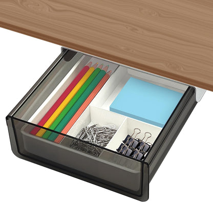 SVNNELP Under Desk Table Drawer Storage Organizer, Slide Out Drawer with 4 Compartments Divider,Pencil Storage Self-Adhesive Tray Under Table (M/Clear Black+White)