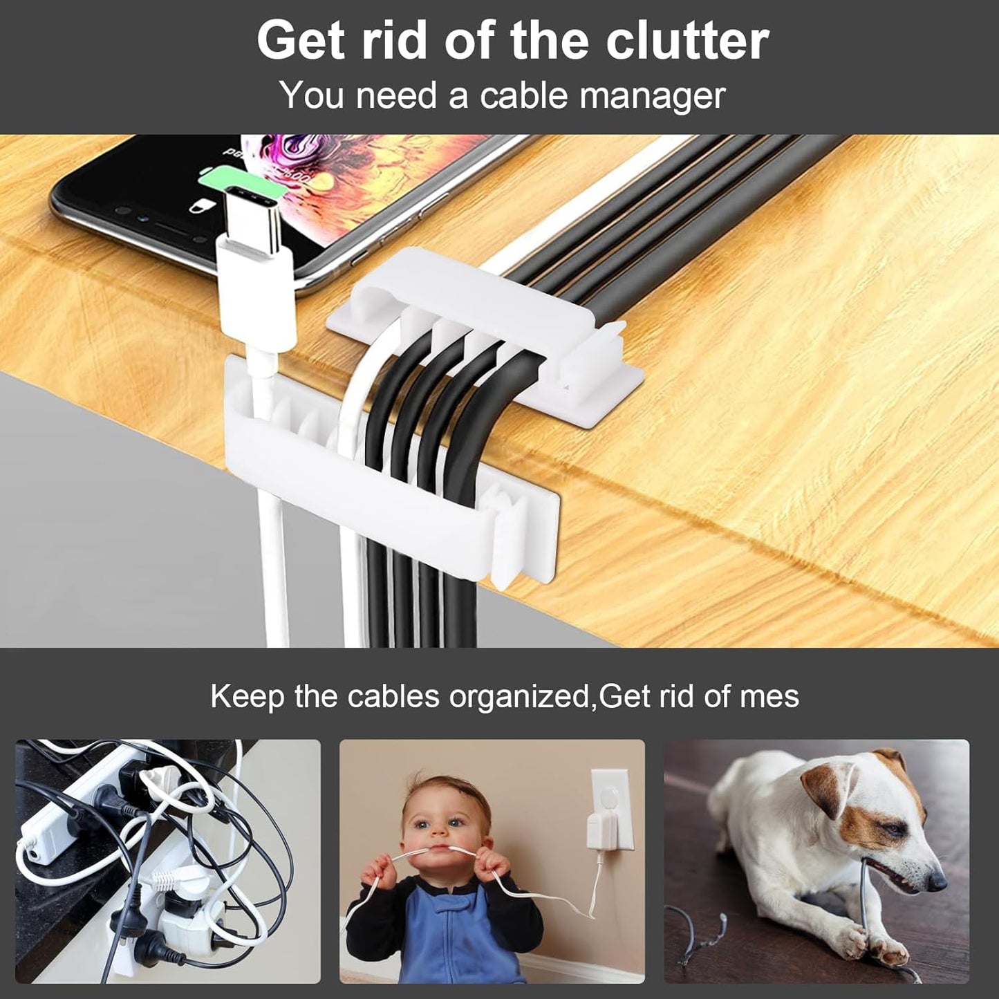 Cable Management Clips, 20Pcs Cord Organizers Wire Clips Cord Holder for TV PC Ethernet Cable Desk Home Office (Black)