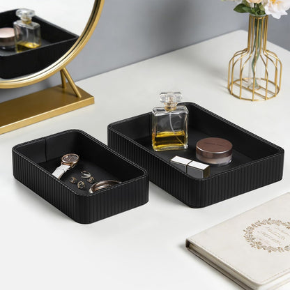 Desk Organizer Tray, PU Leather Nightstand Organizer Perfume Valet Tray for Men Women, Decorative Vanity Trays Trinket Dish Key Bowl for Entryway Table (2pcs, Ivory, Large+Small)