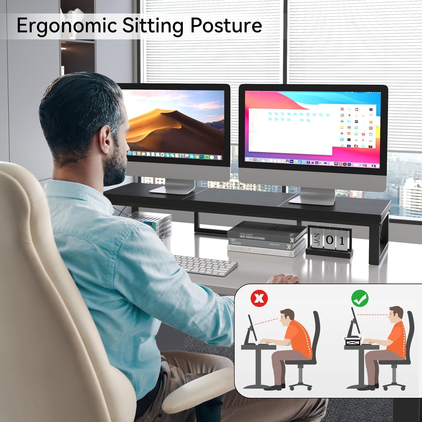 IBUYKE Large Dual Monitor Stand Riser for 2 Monitors, Wooden Desktop Computer Monitor Stand Storage Shelf and Steel Legs,Dual Screen Office Desk,Monitor Riser for Computer, Printer,Laptop,TV,Black UTDJ002B