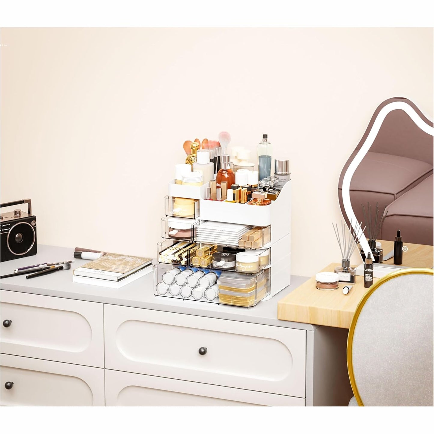 White Makeup Organizer With Drawers,Large Skincare Organizers for Countertop,Desk,Dresser,Plastic Bathroom Counter Organizer for Brush,Palettes,Perfume,Beauty Products Organization,Skin Care Storage