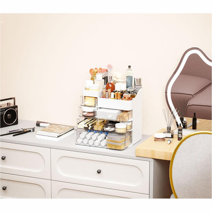 White Makeup Organizer With Drawers,Large Skincare Organizers for Countertop,Desk,Dresser,Plastic Bathroom Counter Organizer for Brush,Palettes,Perfume,Beauty Products Organization,Skin Care Storage