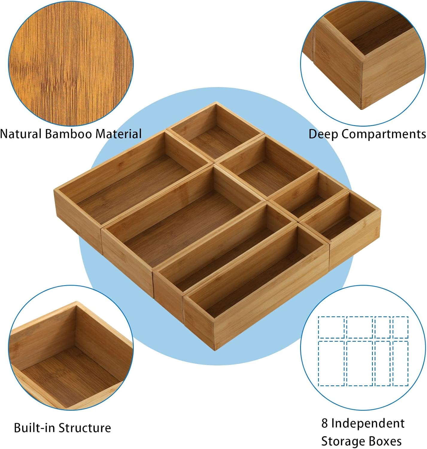 Lawei Set of 5 Bamboo Drawer Organizer Boxes, Desk Storage Box Kit, Drawer Storage Containers Tray Bins for Office, Kitchen, Bedroom, Children Room, Craft, Sewing