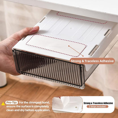 2Pcs Under Desk Storage Drawers Slide Out,Large&Medium, Stick On Desk Drawer Organizer Hidden Under Table Drawer for Home Office School Organization and Storage-Transparent Black