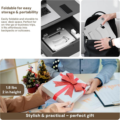 Laptop Stand for Desk, Adjustable Height & Angle Portable Aluminum Laptop Riser & Monitor Stand with 360° Swivel, Foldable Ergonomic Computer Stand for 10-17 Inch Laptops (MacBook/Dell/HP), Silver.