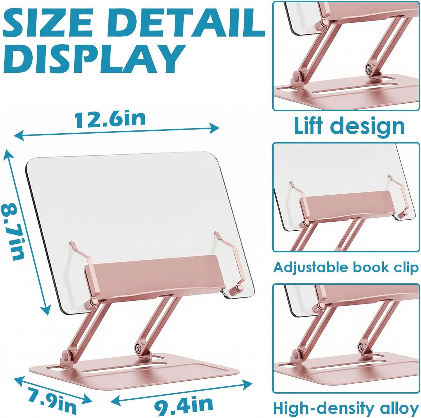 Acrylic Adjustable Book Stand, Reading Stand with Lift Design, High-Density Alloy Desktop Document Holder for Document Recipe, Cookbook, Music Book (Silver)