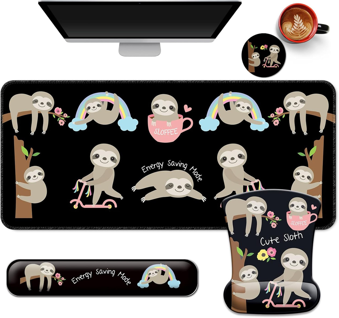 Desk Mat Set + Keyboard and Mouse Pad with Wrist Rest Support,4-in-1 Large Mousepad Computer Mats for Desktop Home & Office-Purple Butterflies