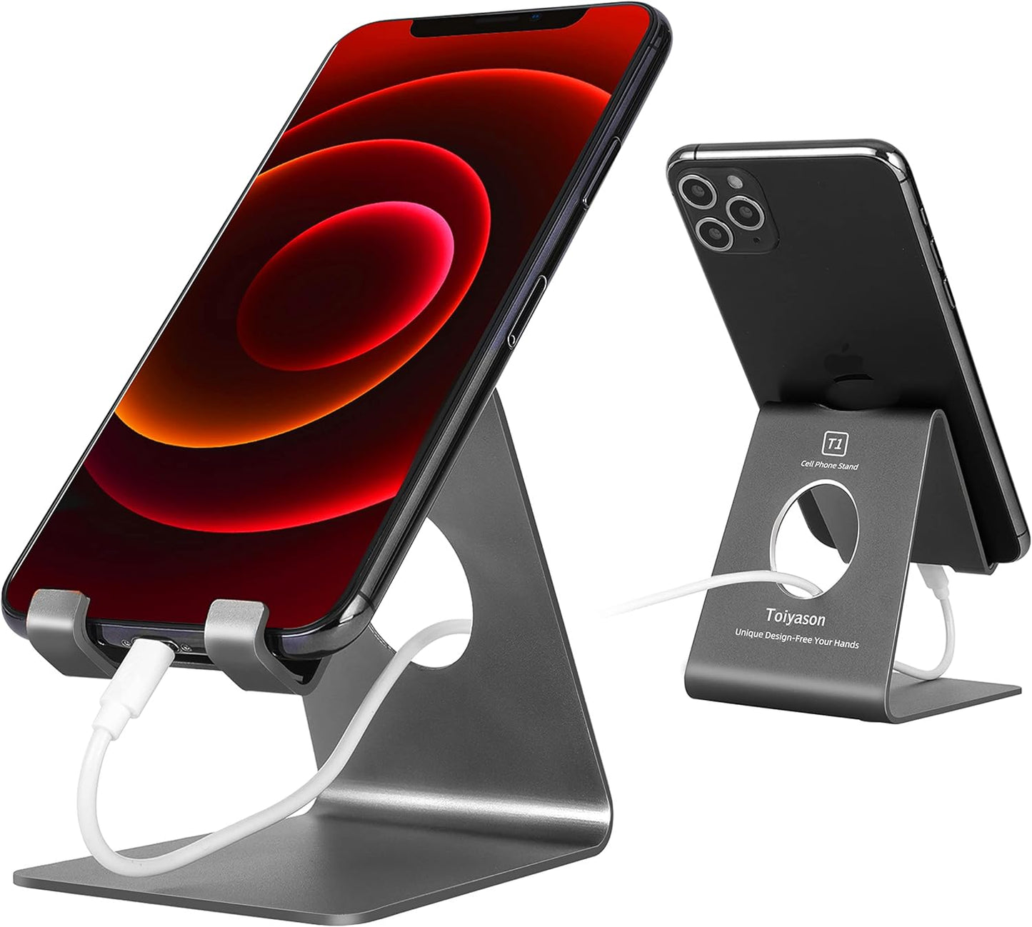 Cell Phone Stand, Desk Phone Holder, Cradle, Dock, Compatible with All 4-8inch Phones, Office Kitchen Traveling Accessories T1 Black
