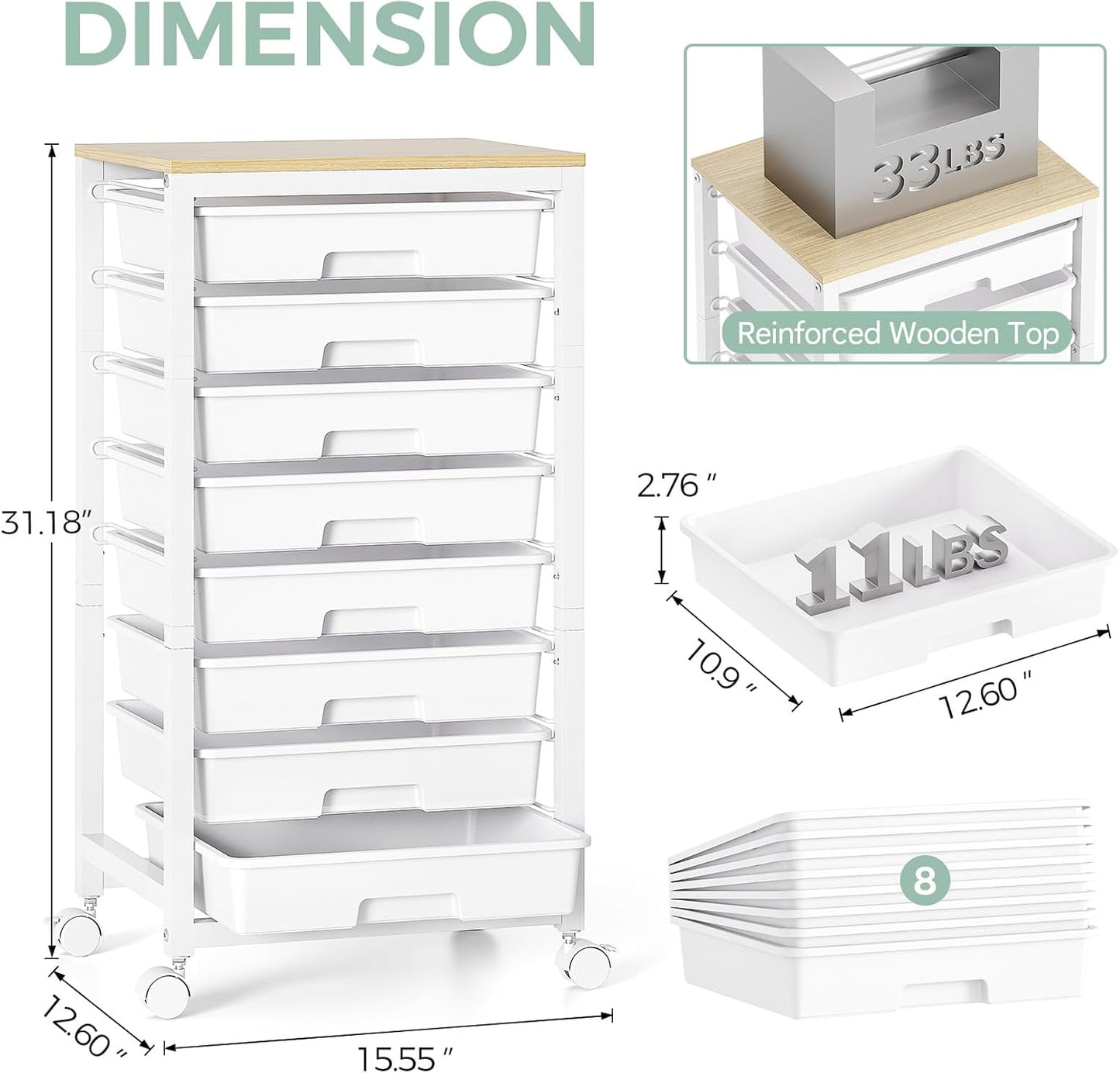 SYKIARIOL Rolling Storage Utility Cart with 6 Drawers and Wooden Tabletop for Under Desk Storage,White