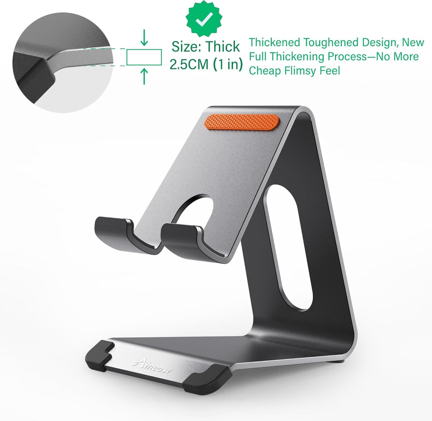 Phone Stand for Desk, Thickened Aluminum Cell Phone Stand & Phone Holder for Desk, Compatible with Tablets, iPhone, iPad, Samsung - Black
