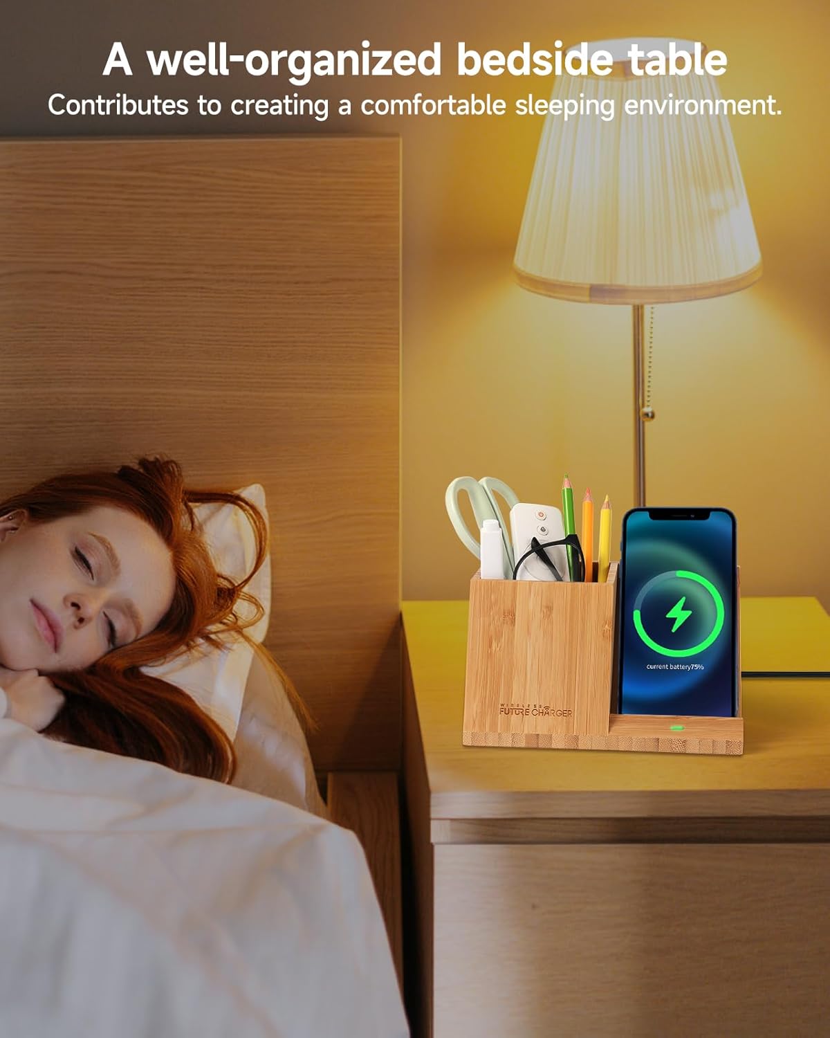 Bamboo Pen Holder for Desk & Nightstand Organizer with Fast Wireless Charging for iPhone, Samsung & More – Office Desk Accessories for Men/Women (Natural)