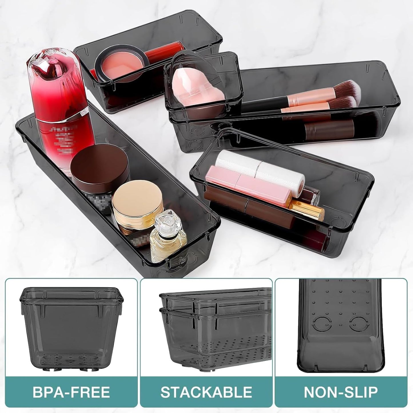StorMiracle 16 PCS Drawer Organizer Set, 5 Varied Size Bathroom and kitchen Drawer cabinet organizer Trays, Clear Storage Bins for Makeup, Jewelry, Utensils and Gadgets