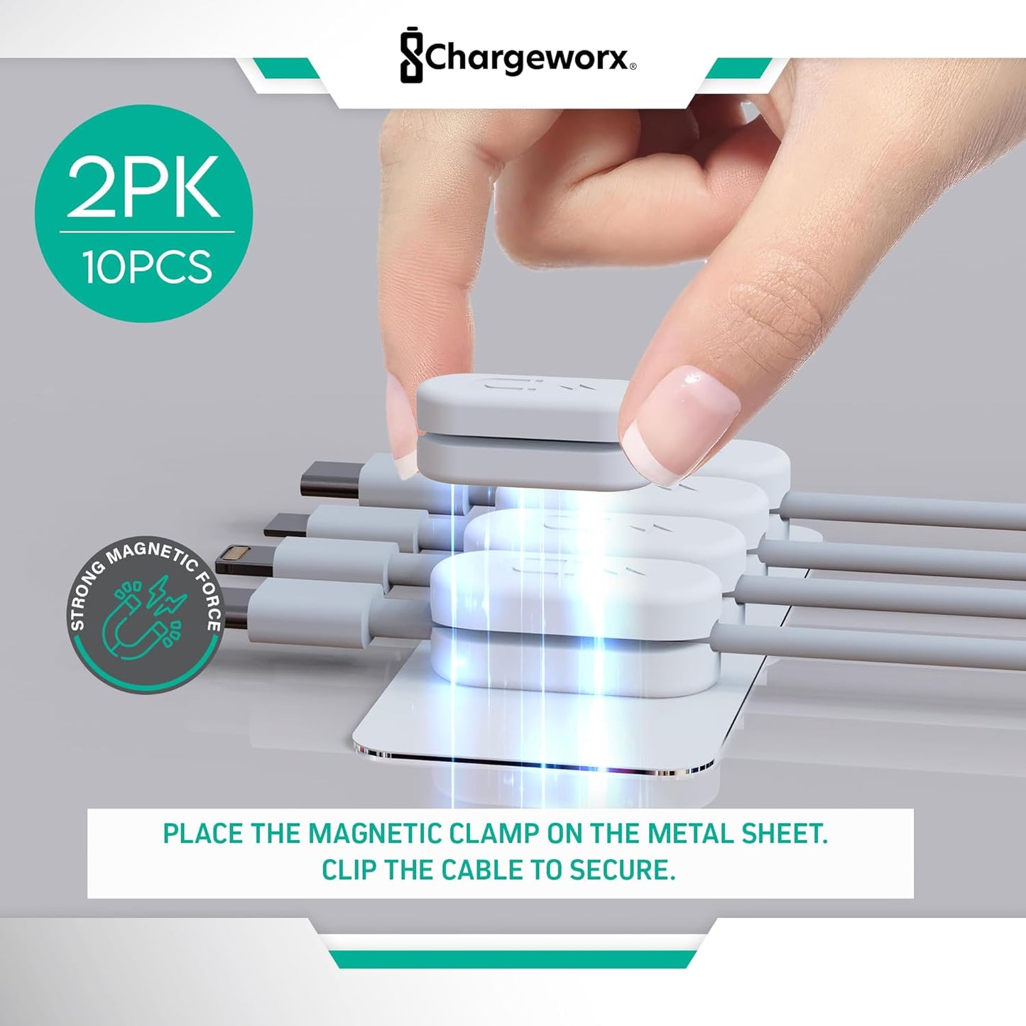 CHARGEWORX Pack of 5 Magnetic Cable Clips, Adhesive Cord Organizer for Desk, Nightstand, Wall or Car, Wire Holder for USB-C, Lightning and Micro-USB Cables