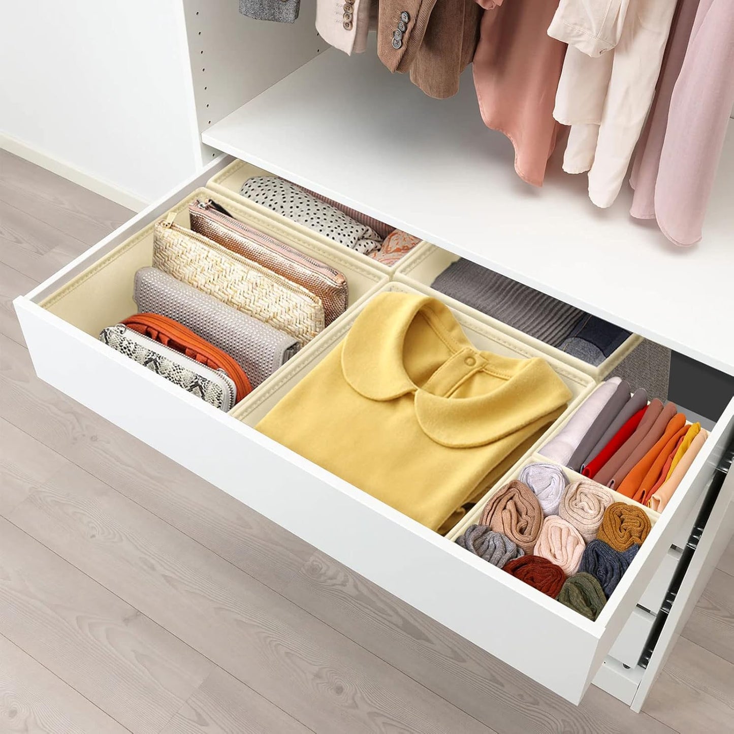 Criusia Foldable Underwear Drawer Organizer, Closet Dividers, Storage Box for Clothes, Socks (6 Bins, Gray)