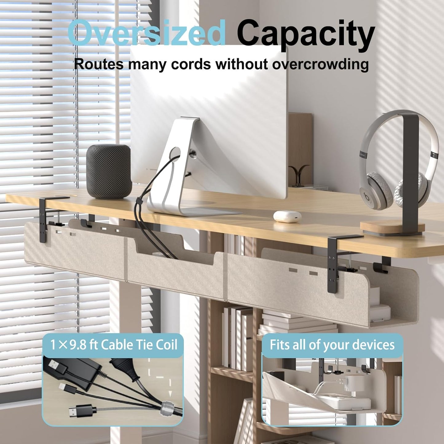 Under Desk Cable Management Tray,No-Drill Upgraded Thickened Felt Cord Organizer with Clamp or Screw Mount,Cable Holder for Standing Desk,Home Or Office(Beige, 31.5")