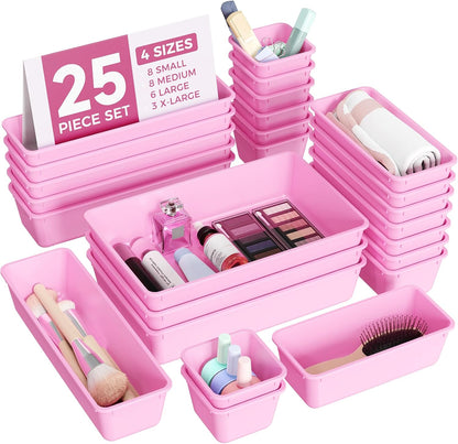 BiuLeon 25 PCS Plastic Drawer Organizers Set, 4-Sizes Vanity and Makeup Organizer, Desk and bathroom Drawer Organizer Trays, Organizers and Storage for Makeup, Jewelry, Gadgets, Utensils (Pink)