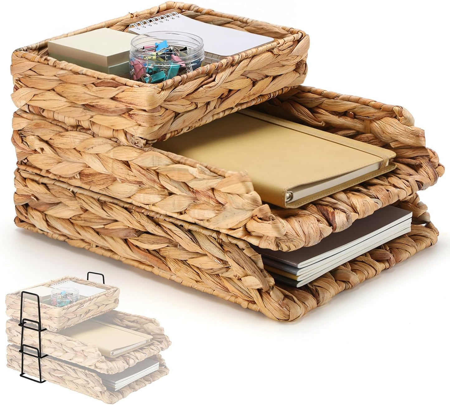 Geelin 3 Pack Water Hyacinth Woven Stackable Desk Organizer Letter Tray, Brown Tabletop Desk Basket for Storage Paper Letter Folders Notebooks Copy Print, Workspace Holder