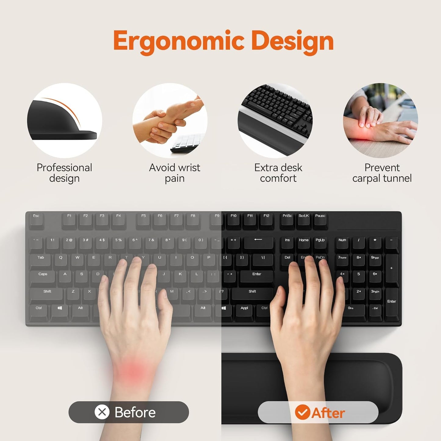 TECKNET Wrist Rest for Computer Keyboard, Thicken Memory Foam Wrist Support Pad for Keyboard, Ergonomic Palm Rest for Pain Relief, Anti-Slip Rubber Base, 17x3.3 in, 1 inch (25mm), Black