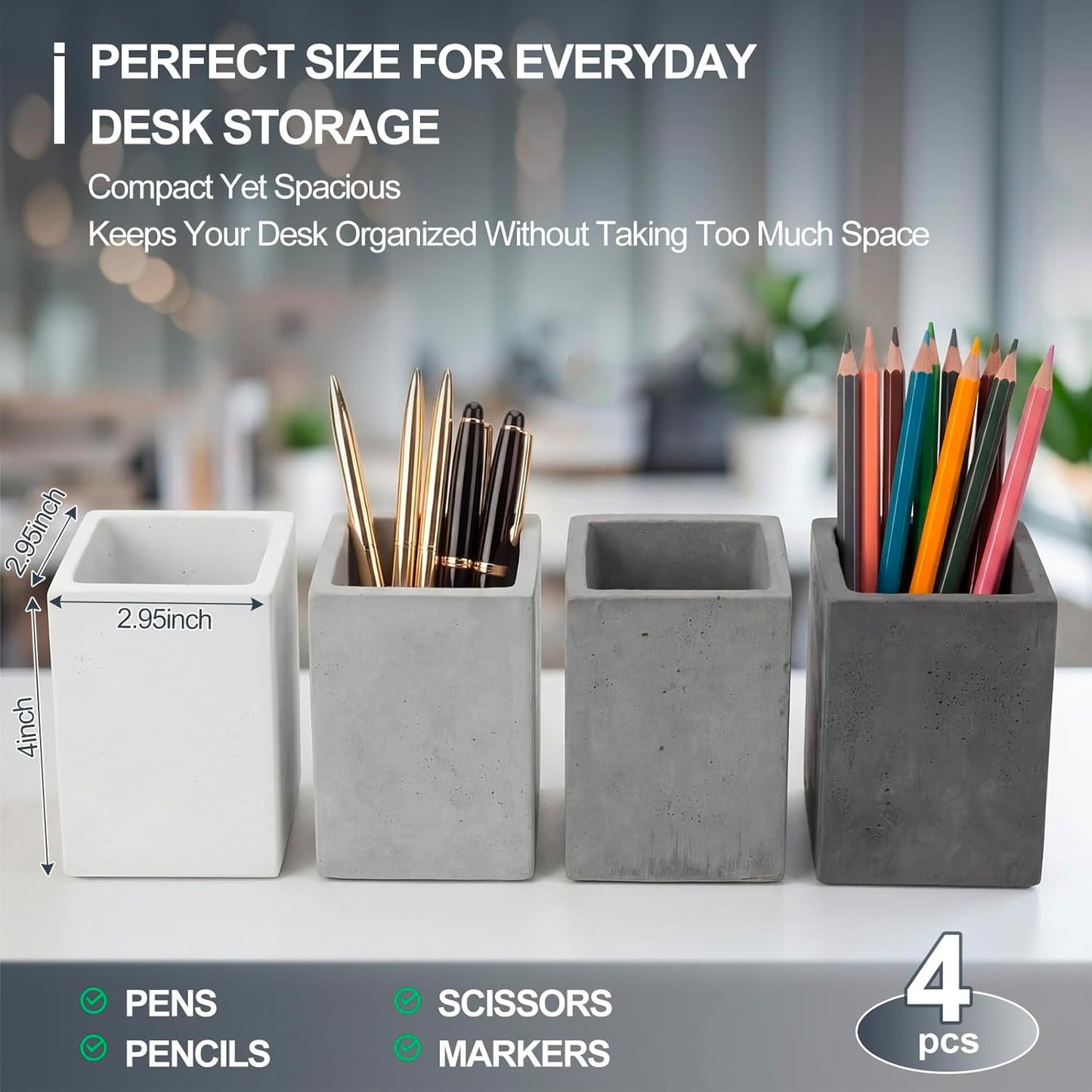 Henoyso 4 Pcs Concrete Pen Holder for Desk Modern Aesthetic Desktop Pencil Cup with Non-slip Dots Gray-tone Pencil Holder for Desk Organizer Office Supplies Stylish Office Decoration