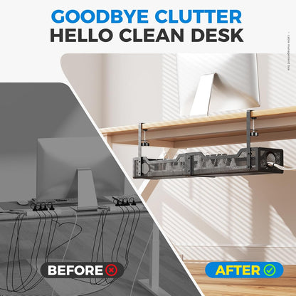 Under Desk Cable Management Tray White, Cinati Wire Organizers No Drill, Cable Tray with Clamp for Wire Management, Cord Organization Box for Office, Home - No Damage to Desk