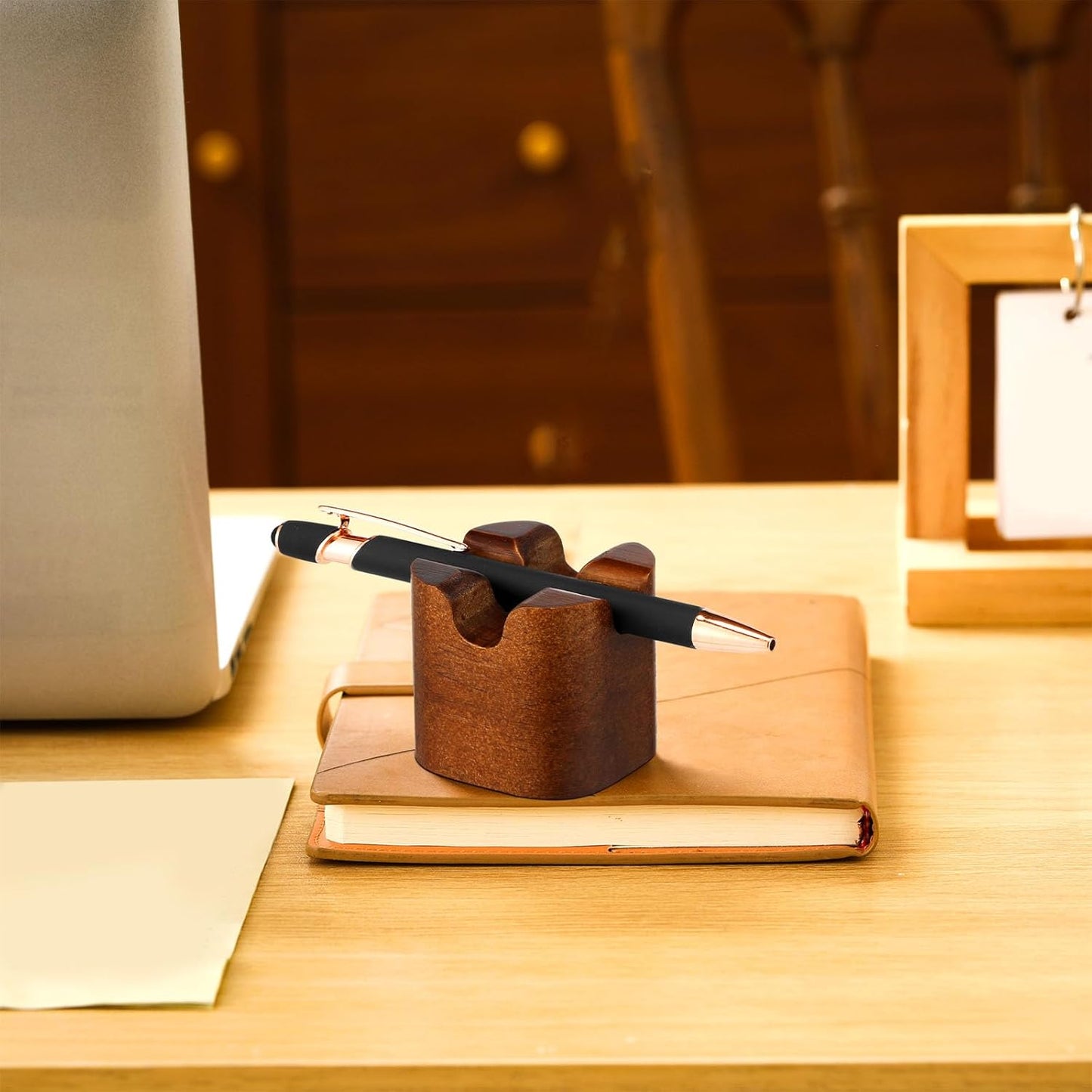 Sherr 2 Pcs Wood Fountain Pen Holder Wooden Pencil Holder Minimalist Pen Rest Desk Stand Pencil Organizer Tray for Home School Office Students Teachers Boss Gifts