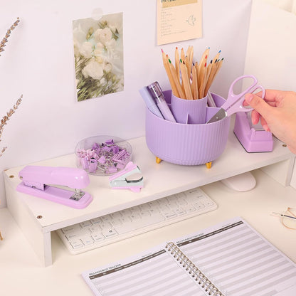 SKYDUE Pink Desk Accessories 10Pcs, Rotating Pen Holder for Desk, Stapler, Staple Remover, Tape Dispenser,2pcs Tape Refills, Binder Paper Clips Kit, Scissor,Pink Office School Supplies