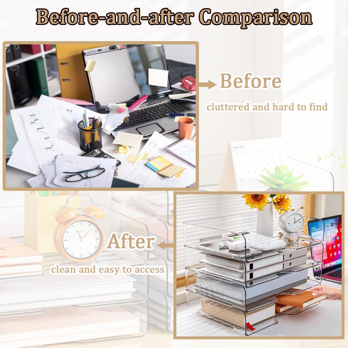 4-Tier Large-Capacity Paper Organizer, File Organizer for Desk, Stackable Paper Tray for Office, Home and School