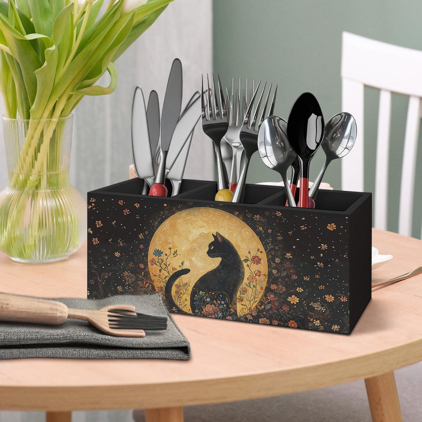 Gothic Office Decor Black Wooden Pen Pencil Holder for Desk Accessories, Dark Gothic Witchy Aesthetic Wood Makeup Brush Toothbrush Holder Organizer for Vanity Bathroom