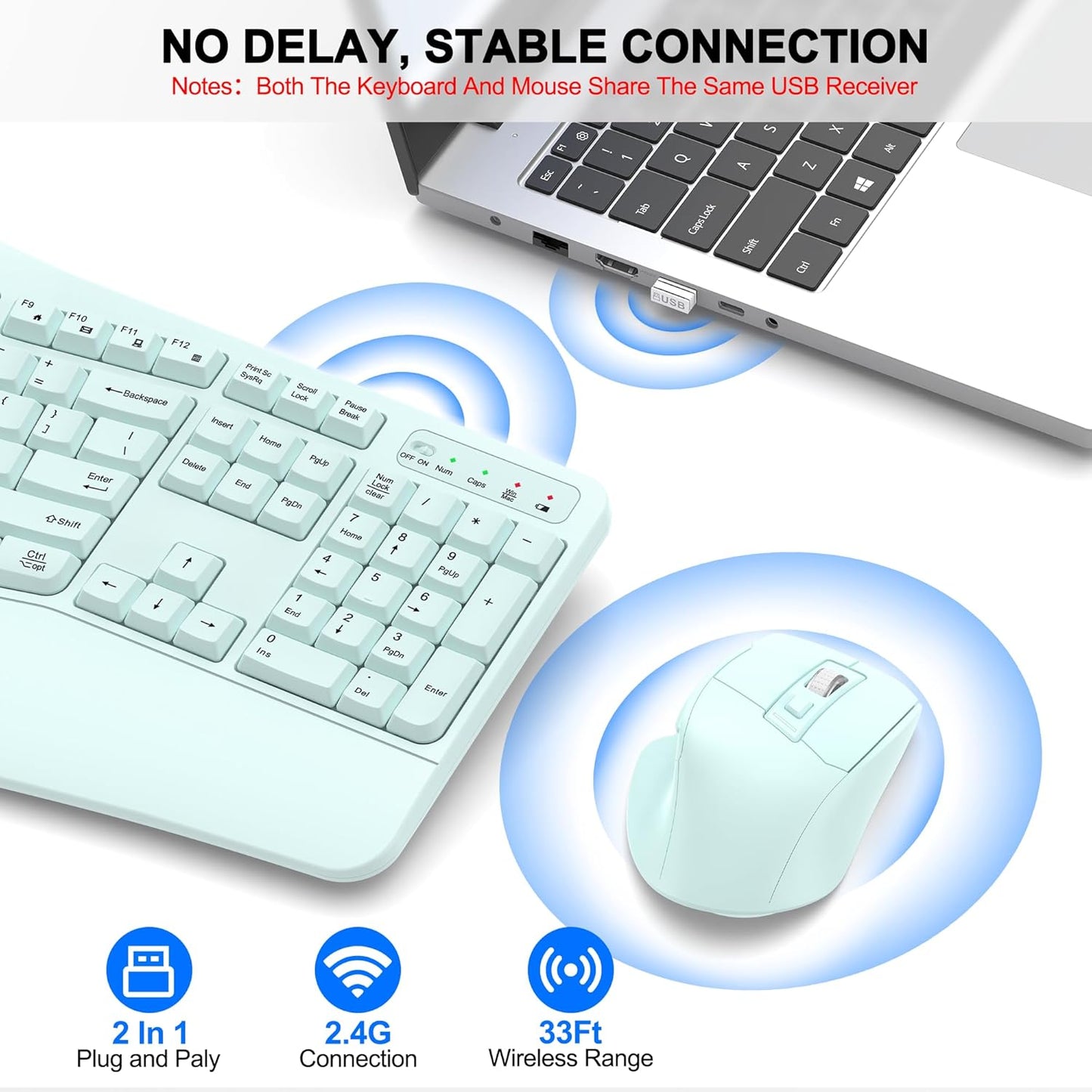 Wireless Keyboard and Mouse Combo, 2.4G Full Size Wave Keys Ergonomic Keyboard with Wrist Rest and 3-Level DPI Adjustable Wireless Ergonomic Mouse for Windows, Mac OS Desktop/Laptop/PC(Black)