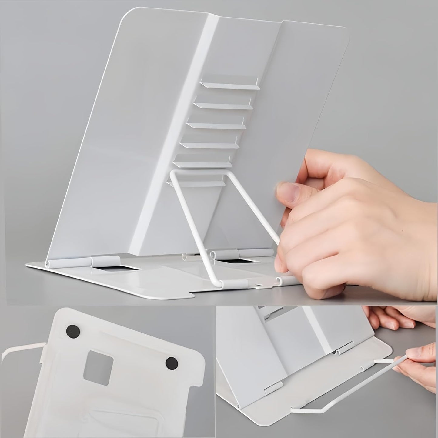 Azheeujy Metal Book Stand Folding Reading Book Holder with 6 Adjustable Angles and Paper Page Clip,Sturdy Desktop Book Holder for Cookbook,Magazine,Textbooks,Document,Music Book,Laptop,Tablet (Black)